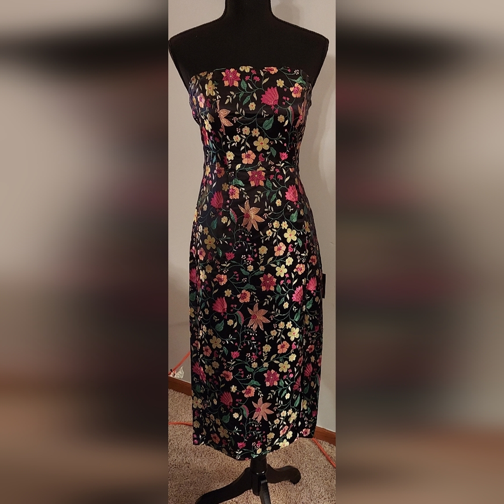 Lulu's Black Strapless Floral Midi Dress with Pink & Gold Accents